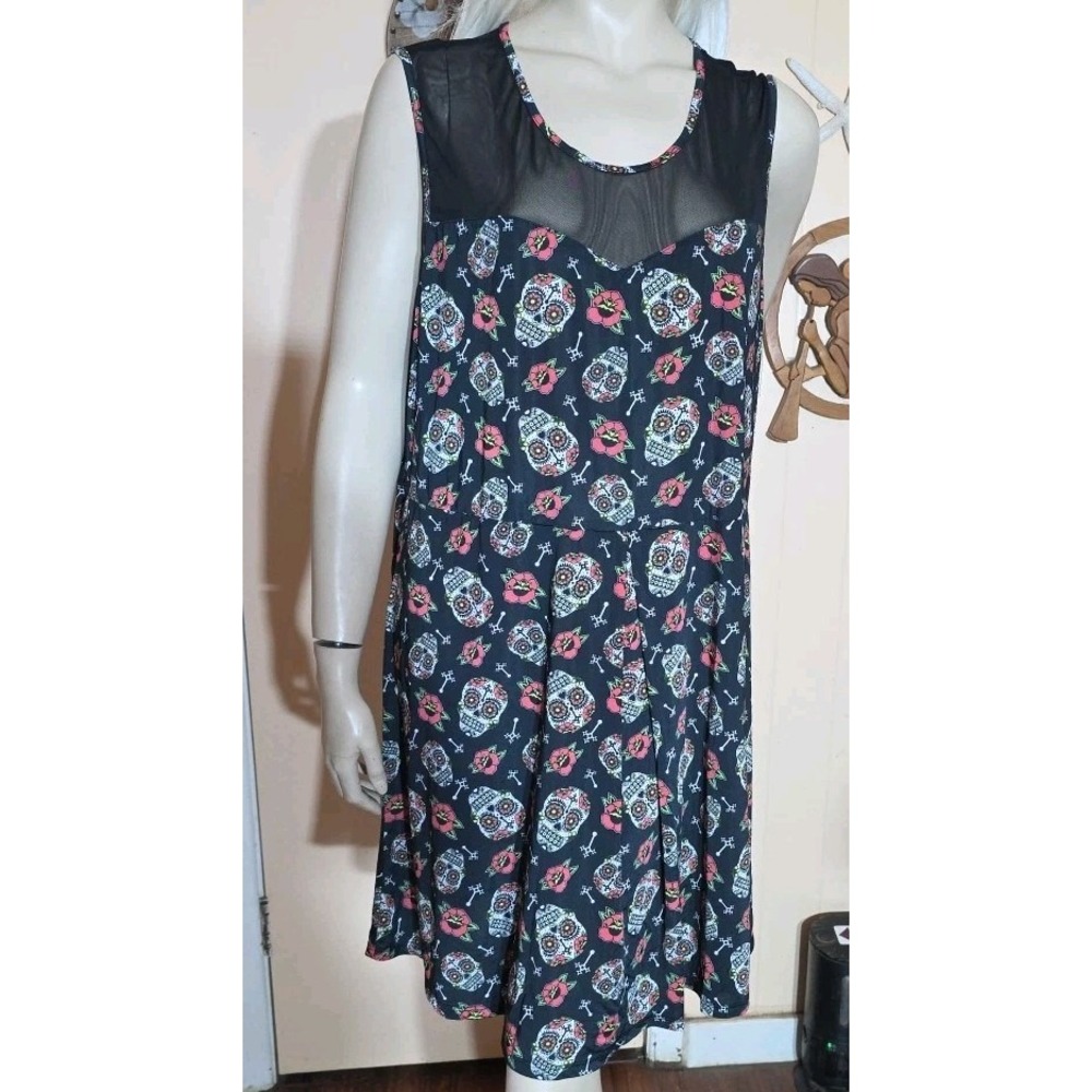 Hot Topic Dress Skull Floral  Skater Rockabilly Open Back Sheer Y2K